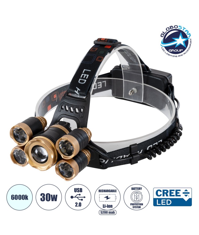 GloboStar® 79060 Φορητός Φακός Κεφαλής LED CREE 30W με Επαναφορτιζόμενη Μπαταρία 5200mAh & Καλώδιο Φόρτισης USB - Ψυχρό Λευκό 6000K - Μ8.5 x Π5.5 x Υ5cm